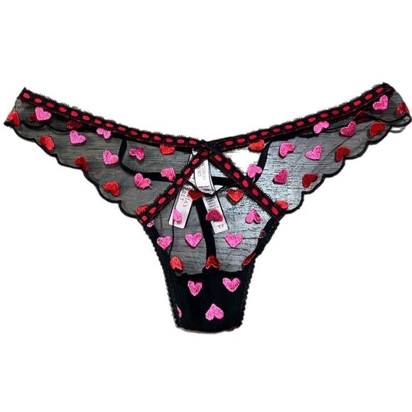 Victorias Secret Dream Angels Heart Embroidery V-string panty black hearts M - Picture 1 of 6